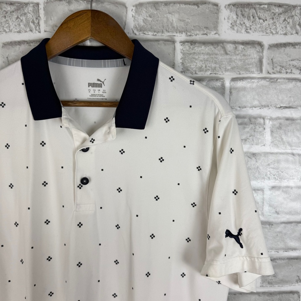 Puma Golf Mens White Geometric Print Performance Polo Shirt Navy Collar MEDIUM